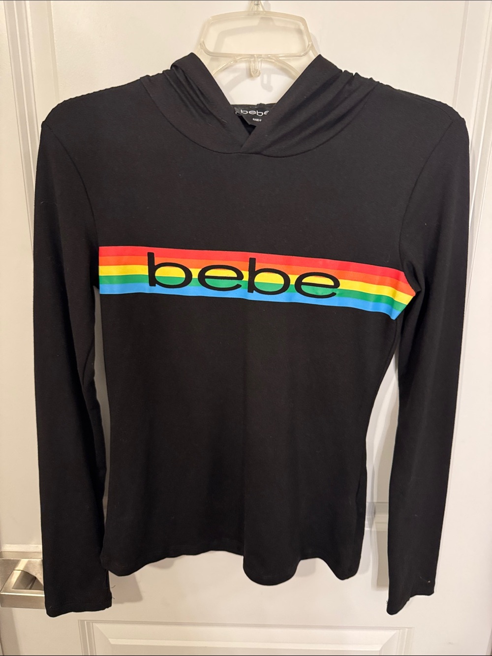 bebe Black Hoodie Top with Rainbow Stripe Logo